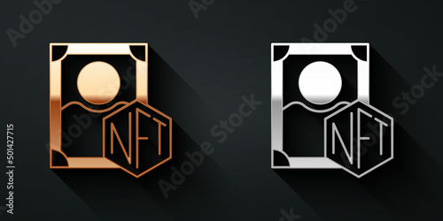 Gold and silver NFT Digital crypto art icon isolated on black background. Non fungible token. Long shadow style. Vector
