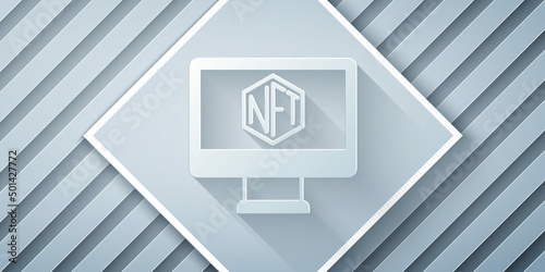 Paper cut Monitor with art store app icon isolated on grey background. Technology of selling NFT tokens for cryptocurrency. Non fungible token concept. Paper art style. Vector
