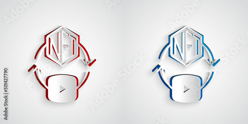 Paper cut NFT Digital crypto art icon isolated on grey background. Non fungible token. Paper art style. Vector