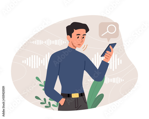 Voice assistant software concept. Young man holds smartphone and searches Internet or voice recognition. Artificial intelligence to help users and ease of use. Cartoon flat vector illustration