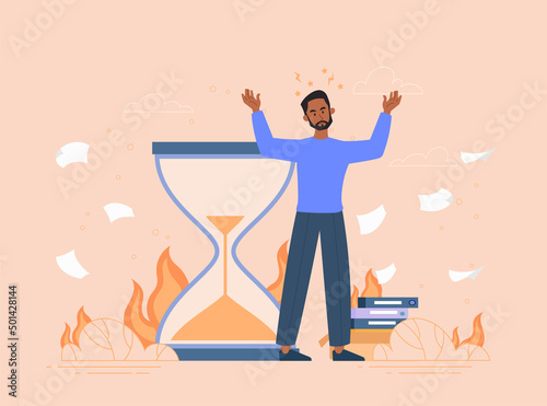 Burning deadline concept. Upset and overloaded man standing next to hourglass and late with completion of project. Inefficient time management or self discipline. Cartoon flat vector illustration