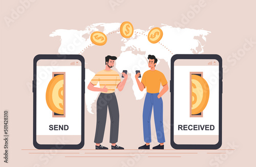 International money transaction concept. Young men with smartphones in their hands send and receive money in different parts of world. Financial operation online. Cartoon flat vector illustration