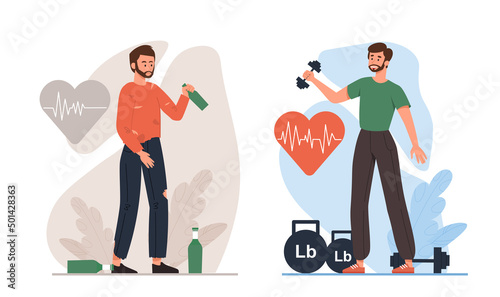 Healthy or Unhealthy Lifestyle Choice. Man with sick heart and addiction to alcohol or smoking against strong guy doing sport and lifting dumbbell. Bad and good habit. Cartoon flat vector illustration