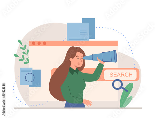 Looking for new business or career opportunities. Young smiling woman with spy glass conducting research or looking for creative ideas for development of company. Cartoon flat vector illustration
