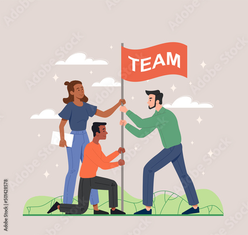 Team Building concept. Young men and women smile and hold flag. Metaphor of teamwork, successful partnership or collaboration. Employees work together. Cartoon modern flat vector illustration