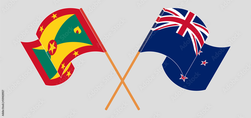 Crossed and waving flags of Grenada and New Zealand Crossed and waving flags of Grenada and New Zealand