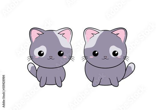 Dwa kotki w łaty z dużymi głowami. Szczupły i gruby. Siedzące słodkie koty. Ilustracja wektorowa.