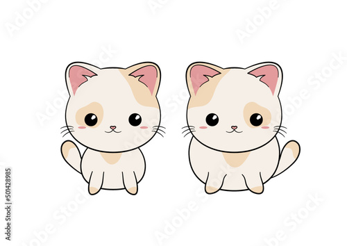 Dwa rude kotki w łaty z dużymi głowami. Szczupły i gruby. Siedzące słodkie koty. Ilustracja wektorowa.