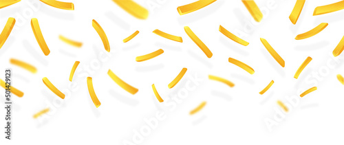Falling French fries. 3D poster or template with fried potato sticks flying down. Editable design element for advertising banners. Cartoon realistic vector illustration isolated on white background