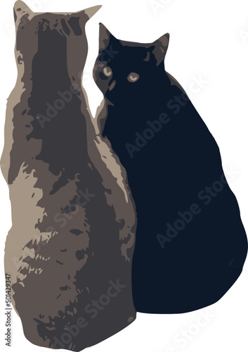 Vector image of two beautiful cats sitting from behind, a gray tabby and a black one, the latter turning to look at the camera. 4 colors, transparent background.