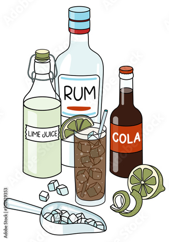 Doodle cartoon Cuba Libre cocktail and ingredients composition. A bottle of white rum and cola, lime juice and ice scoop. For bar menu, stickers or alcohol cook book recipe.