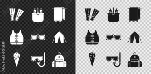 Set Rubber flippers, Cooler bag and water, Towel on hanger, Ice cream in waffle cone, Diving mask snorkel, Hiking backpack, Life jacket and Glasses icon. Vector