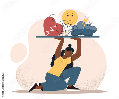 Bullying on social networks. Upset woman resists onslaught of harassment, violence, negativity and psychological pressure. Strong female character fights haters. Cartoon flat vector illustration