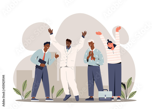 Happy business team celebrates success concept. Male and female employees of company achieve goals, jump and rejoice. Collaboration or partnership of entrepreneurs. Cartoon flat vector illustration