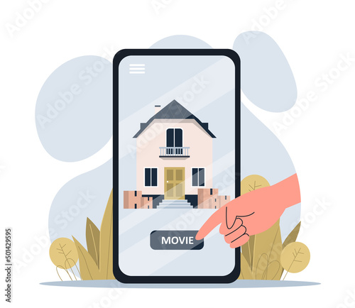 Home moving mobile app concept. Client hand presses button on screen of smartphone and calls employees to help move into house or apartment. Move boxes with objects. Cartoon flat vector illustration