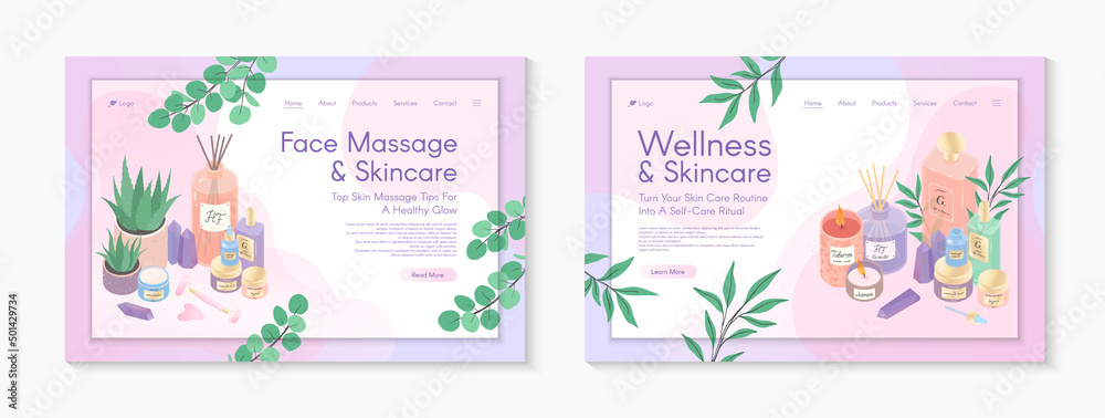Web page design templates for skin care treatment,face massage tutorial,spa,wellness,natural products,cosmetics,self care.Vector illustration concepts for website, mobile website.Landing page layouts.