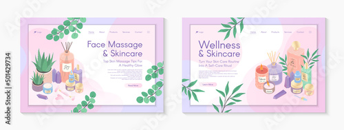 Web page design templates for skin care treatment face massage tutorial spa wellness natural products cosmetics self care.Vector illustration concepts for website  mobile website.Landing page layouts.