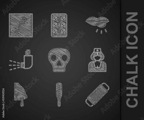 Set Skull, Medical thermometer, protective mask, Nurse, Runny nose, Inhaler, Herpes lip and Scar with suture icon. Vector