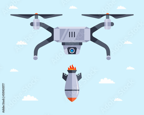 military drone drops aerial bombs. unmanned aerial vehicle. flat vector illustration.