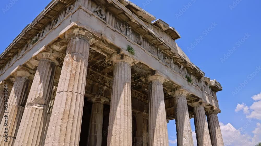 Front of the Temple of Hephaestus in Athens, Greece, tracking movement Front of the Temple of Hephaestus in Athens, Greece, tracking movement