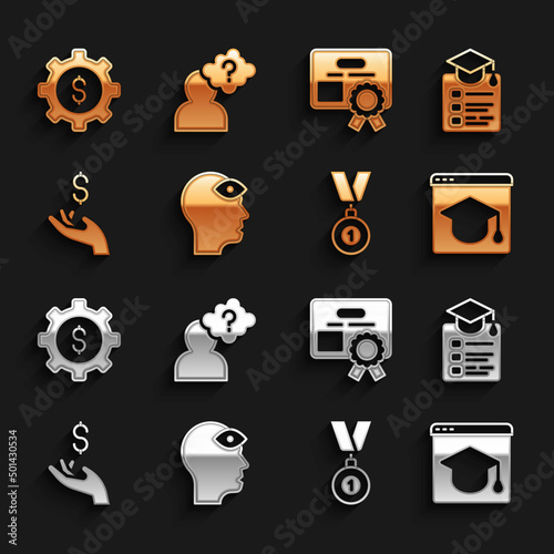 Set Man with third eye, Online education, Medal, Hand holding coin money, Certificate template, Gear dollar and Head question mark icon. Vector