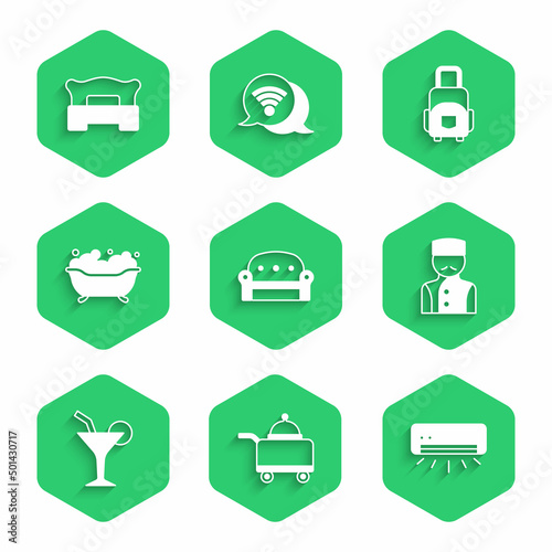 Set Sofa, Covered with tray food, Air conditioner, Concierge, Cocktail, Bathtub, Suitcase and Bedroom icon. Vector