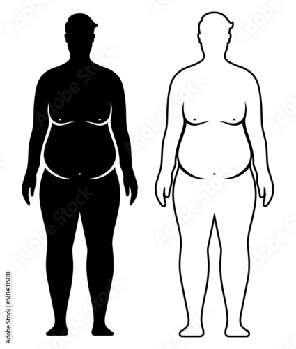 Vector set of overweight man black silhouette and outline. Fat male body isolated on background.