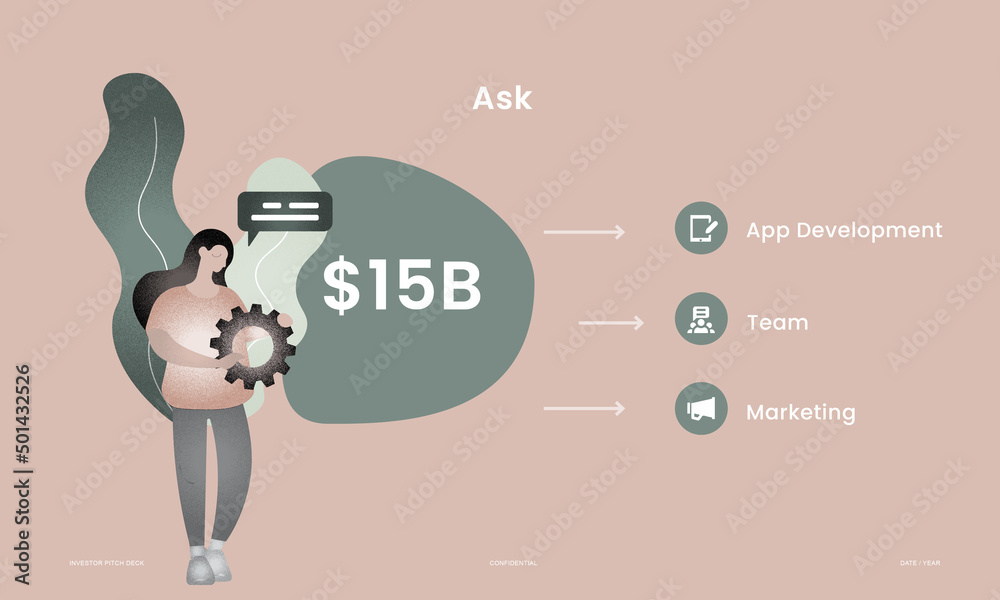 Investor pitch deck ask slide with customised flat vector illustrations