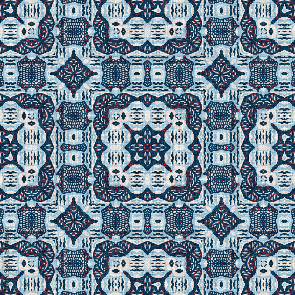 Fototapeta premium Indigo blue red batik geo nautical seamless pattern. Modern marin geometric kaleidoscope sailor print. Nantucket fabric textile style. Summer rustic masculine worn linen effect maritime decor.