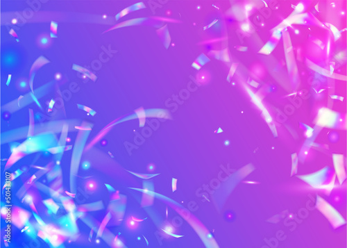 Iridescent Tinsel. Surreal Foil. Disco Colorful Decoration. Glamour Art. Purple Metal Background. Transparent Glitter. Neon Glare. Shiny Burst. Violet Iridescent Tinsel