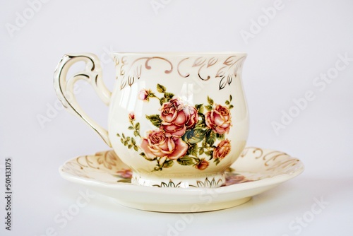  Vintage cup of tea with saucer isolated on white background ,Antique tea cup with rose pattern English style