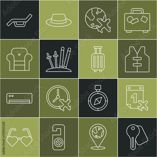 Set line Hotel door lock key, Calendar and airplane, Life jacket, Globe with flying, Ski sticks, Armchair, Sunbed umbrella and Suitcase icon. Vector
