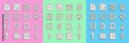 Set line Gimbal stabilizer for camera, Movie trophy, Retro cinema, clapper, Old film movie countdown frame, with, AVI file document and Scenario icon. Vector