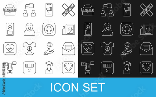 Set line Shield, Mail and e-mail, Mourning photo frame, Protest, Censor freedom of speech, Peace, Censored stamp and Hospital signboard icon. Vector