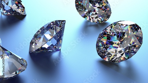 Shiny Diamonds on black-blue surface background. Concept image of luxury living  expensive things and high added value. 3D CG. High resolution.