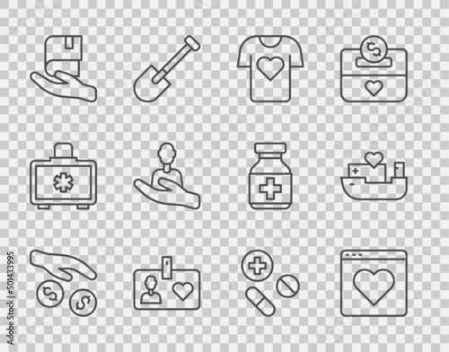 Set line Donation and charity, Dating app online, Clothes donation, Volunteer id card or badge, Book, Caring for people, Medicine pill tablet and Humanitarian ship icon. Vector