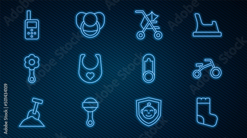 Set line Baby socks, Bicycle for kids, stroller, bib, Rattle baby toy, monitor walkie talkie, clothes pin and dummy pacifier icon. Vector