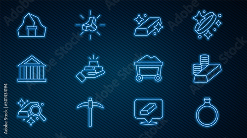 Set line Gold ring, coin with gold bars, Bank building, mine, Mine cart and nugget icon. Vector