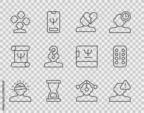 Set line Concussion, headache, Finding problem in psychology, Broken heart or divorce, Old hourglass, Schizophrenia, Human with question mark, Hypnosis and Sedative pills icon. Vector