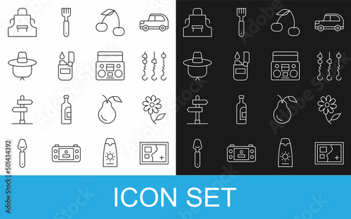 Set line Folded map, Flower, Grilled shish kebab on skewer, Cherry, Lighter, Camping hat, Kitchen apron and Home stereo with two speakers icon. Vector