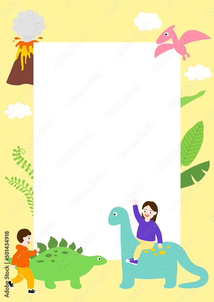 Obraz premium Flat vector illustration of children and dinosaurs.