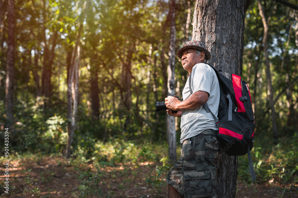An elderly Asian man with backpack using camera while hiking in nature An elderly Asian man with backpack using camera while hiking in nature
