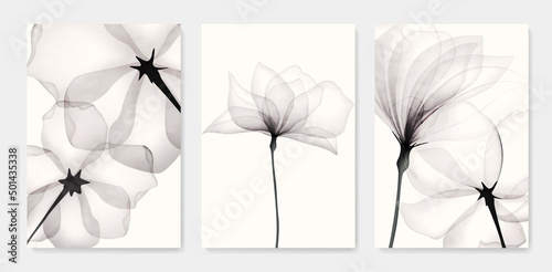 Black and white luxury watercolor art background with transparent x-ray flowers. Ink botanical design for interior design, decor, packaging, invitations, print