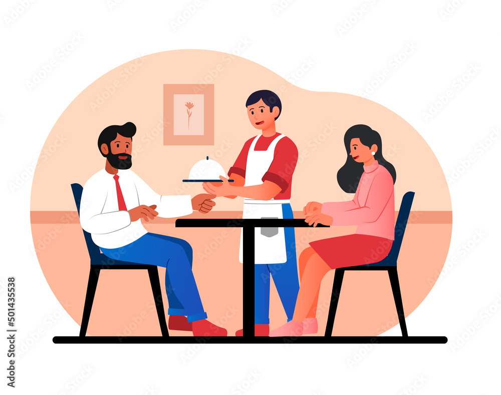 Romantic dinner in restaurant concept. Young happy couple sitting at table, uniformed waiter serves hot delicious dish. Man and woman in love on date in cafe. Cartoon flat vector illustration