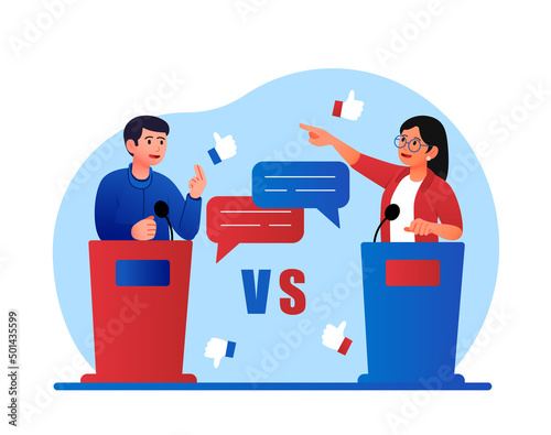 Political debate concept. Young male and female politicians or government workers compete with each other. Candidates from different parties arguing in elections. Cartoon flat vector illustration