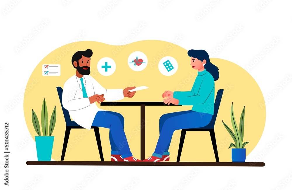 Consultation with doctor concept. Young woman visits clinic and takes care of her health. Therapist makes diagnosis and prescribes treatment. Healthcare and medicine. Cartoon flat vector illustration Consultation with doctor concept. Young woman visits clinic and takes care of her health. Therapist makes diagnosis and prescribes treatment. Healthcare and medicine. Cartoon flat vector illustration
