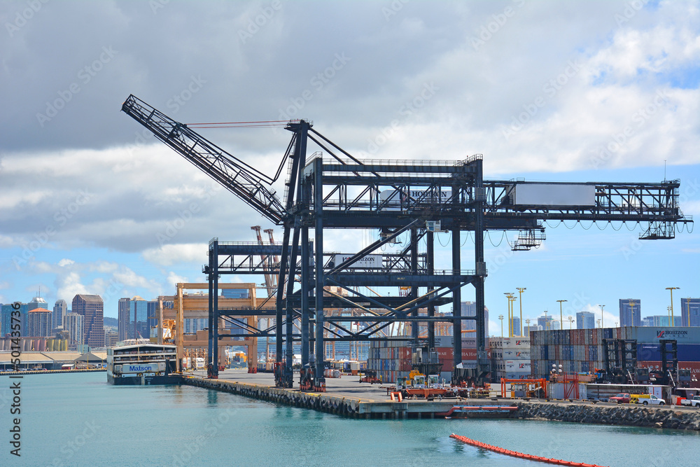 Cargo ship cranes at the the port of Honoluu