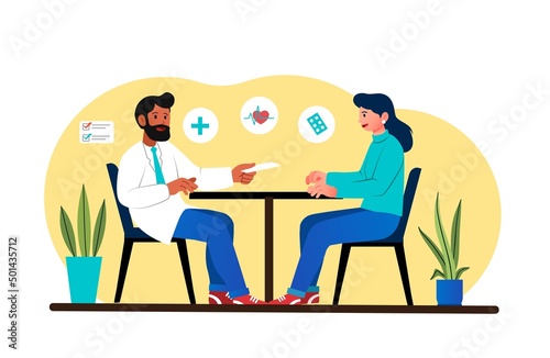 Consultation with doctor concept. Young woman visits clinic and takes care of her health. Therapist makes diagnosis and prescribes treatment. Healthcare and medicine. Cartoon flat vector illustration