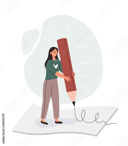 Creative hobby concept. Young smiling woman holds large pencil and draws on white sheet of paper. Creating artistic painting. Hand writing prosess. Cartoon contemporary flat vector illustration