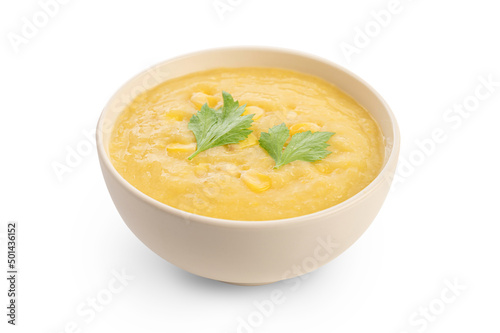 Corn soup in white bowl on white background.